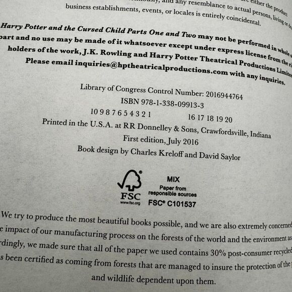 Harry Potter and the Cursed Child First Edition First Printing Hardcover with DJ - Picture 3 of 6